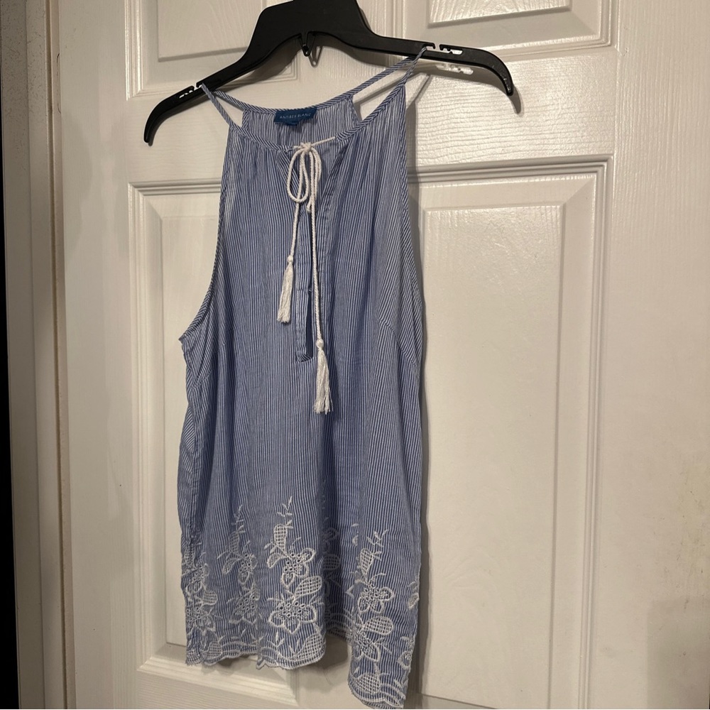 Antibes Blanc Women’s Size M Blue Striped Embroidered Tassels Camisole Tank Top